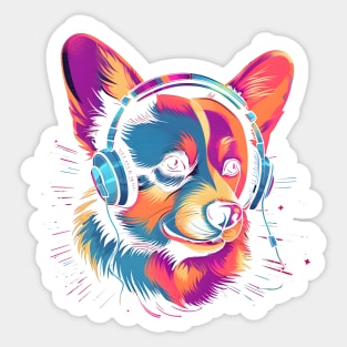 corgi wearing headphones - synth wave style Sticker